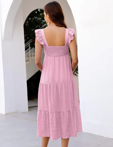 Vista 5 de KOJOOIN Vestido de maternidad para mujer, sin mangas, cuello cuadrado, volantes, casual, bohemio, vestido midi para baby shower, sesión de fotos