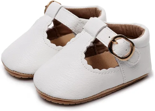 Vista 2 de HONGTEYA Zapatos planos Mary Jane antideslizantes para niños pequeños primeros caminantes, suela suave, zapatos de cuna de piel sintética, zapatos