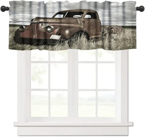 Vista 11 de Cortina de cenefas retro de los años 50, reparación de publicidad de automóvil, garaje, clásicos, bolsillo para barra, tratamientos de ventana corta