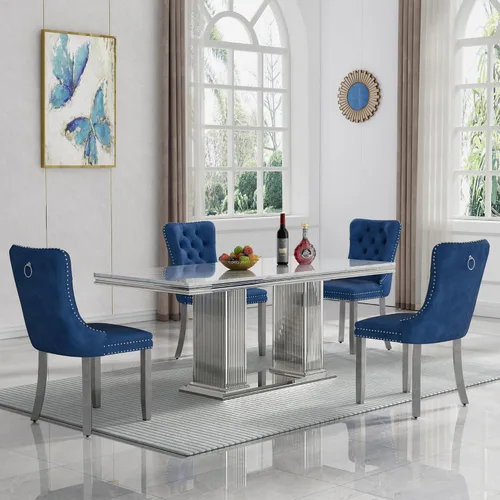 Vista 37 de Juego de mesa de comedor de 5 piezas para 4, mesa de cocina de mármol negro de 68 pulgadas con 4 sillas beige, mesa de comedor rectangular moderna
