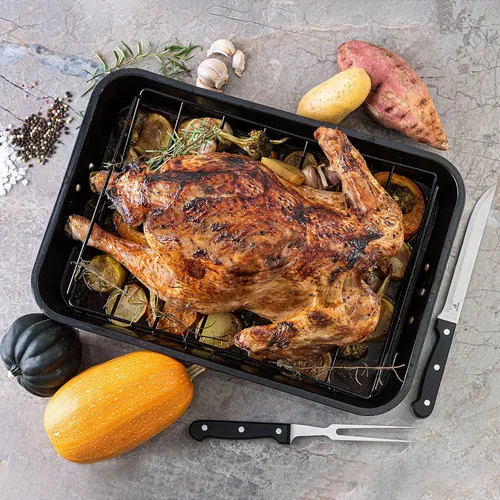 Vista 4 de Moss & Stone Cacerola para asar de acero al carbono con juego de estante de asado removible en forma de "V", bandeja para asar rectangular de 16.5