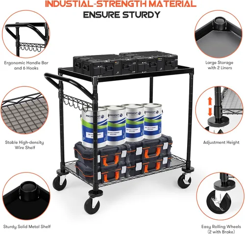 Vista 3 de WDT - Carrito utilitario rodante de gran capacidad de 680 libras, carritos rodantes de 2 niveles con ruedas, carrito de metal de grado comercial