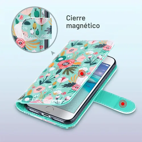 Vista 6 de ULAK - Funda tipo cartera para iPhone SE 3 (2022)/SE (2020)/8/7, con tarjetero, funda tipo cartera de piel sintética floral premium con soporte