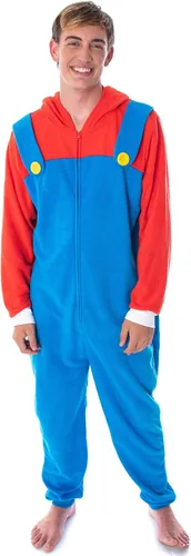 Vista 4 de Super Mario Bros. Disfraz de Mario de microforro polar de una pieza para hombre, traje de pijama de una pieza, Rojo
