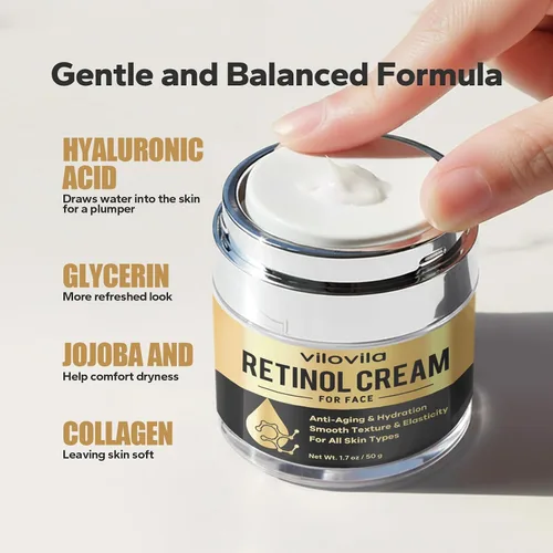 Vista 2 de Crema de retinol para la cara (1.7 onzas), retinoides para el rostro, crema facial antienvejecimiento con retinol y ácido hialurónico, hidratante