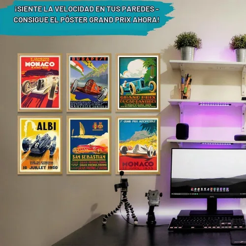 Vista 2 de Wallbuddy Juego de 6 pósteres de coche vintage, arte de pared de carreras