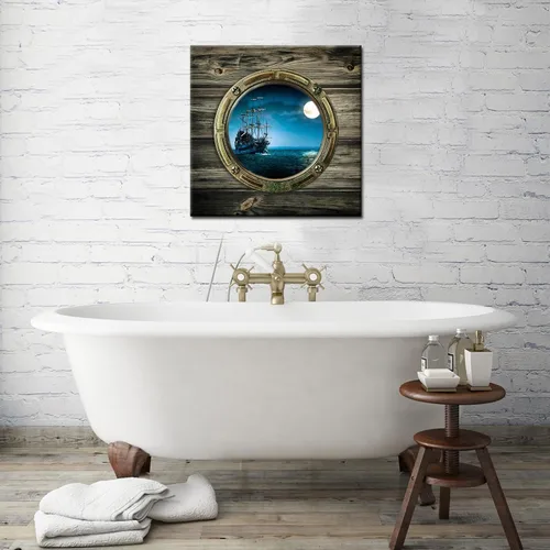 Vista 4 de Biuteawal - Lienzo con vista nocturna de luna llena, vista de ventana del océano, arte de pared, barco de vela, pintura de paisaje marino, obras
