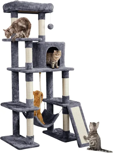 Vista 12 de Yaheetech - Torre de árbol para gatos grandes, condominio de varios niveles y hamaca de 54 pulgadas Beige