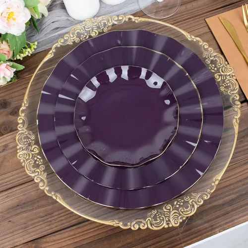 Vista 131 de Tableclothsfactory Paquete de 10 platos redondos de plástico negro de 6 pulgadas para ensalada de postre, platos desechables con borde ondulado