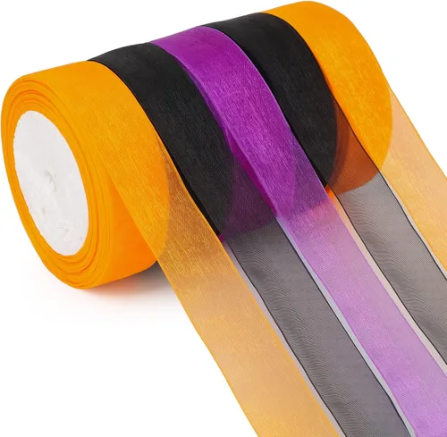 Vista 11 de Cinta de organza transparente, 1 pulgada x 125 yardas, 5 rollos de otoño para envoltura de regalos, ramos, bodas, decoración de fiestas, otoño