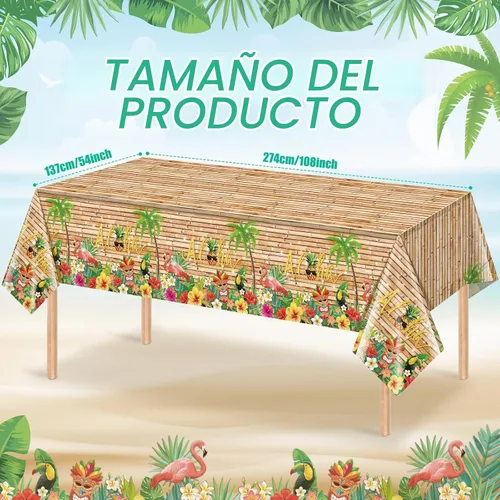 Vista 2 de Mantel hawaiano Luau de 3 piezas, mantel para fiesta de Tiki tropical, mantel rectangular desechable de plástico para Tiki Bar Tropical, verano