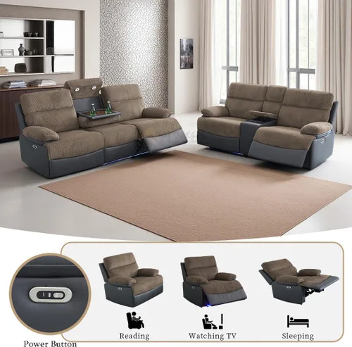 Vista 35 de Juego de sofá reclinable eléctrico, seccional de cuero transpirable beige, juego de muebles de sala de estar, 2 piezas, sofá reclinable eléctrico