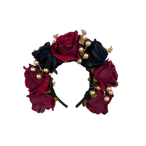 Vista 3 de Ansuma Diadema con corona de flores de rosa burdeos, corona de pelo floral para bodas, fiestas, festivales, cosplay, fotografía, día de los muertos