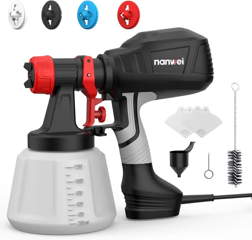 Vista 9 de NANWEI Pulverizador de pintura inalámbrico con 2 baterías, pistola de pulverización HVLP con recipiente de 40.6 fl oz, con 4 boquillas y 3 patrones