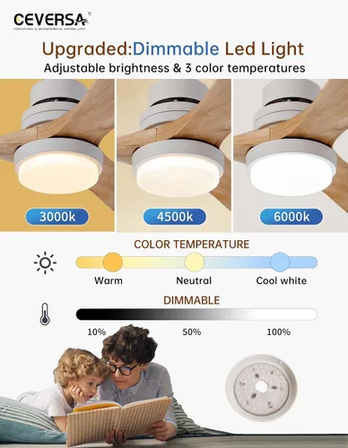 Vista 5 de Ventilador de techo de madera natural de 42 pulgadas con luces y control remoto, ventilador de 3 aspas para exteriores/interiores para patio y sala