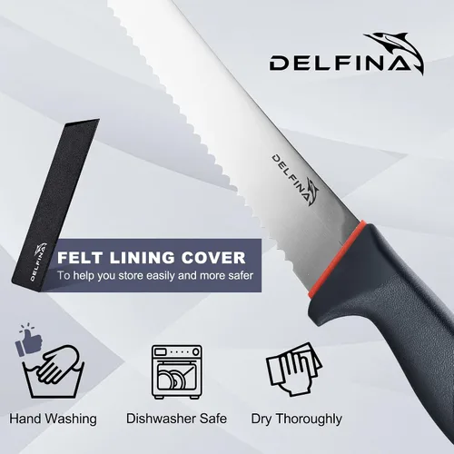 Vista 6 de DELFINA Cuchillo de pan de 10 pulgadas para masa madre de pan casero con agarre suave, cuchillo de pan dentado, borde ondulado, con funda para panes