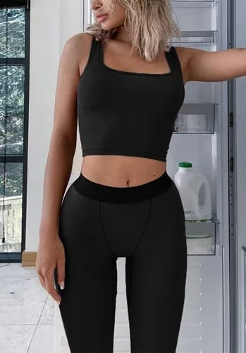 Vista 3 de Dobrila Conjunto de entrenamiento casual para mujer, 2 piezas, camiseta sin mangas acanalada, cintura alta, traje de gimnasio, leggings de yoga