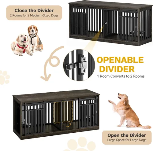 Vista 4 de DWVO Mueble de jaula doble para perros de 71" para 2 perros medianos, perrera doble de madera resistente soporte de TV con puertas correderas, mesa