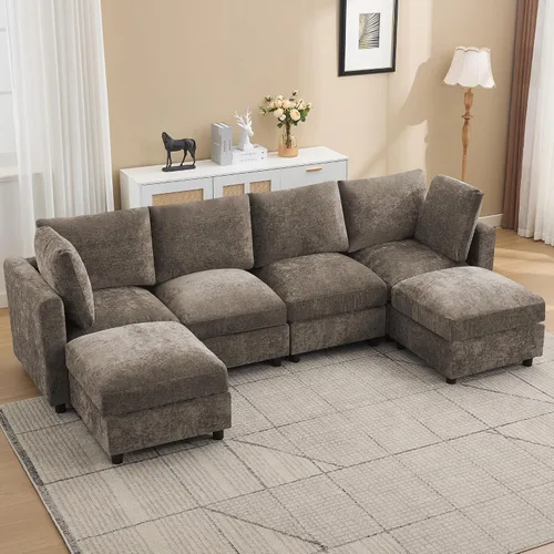Vista 10 de 63" sofá seccional modular de Loveseat con otomana movible para sala de Beige