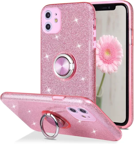 Vista 4 de Wisdompro Protector de pantalla y protector de lente de cámara para iPhone 11, funda brillante con soporte de anillo para iPhone 11
