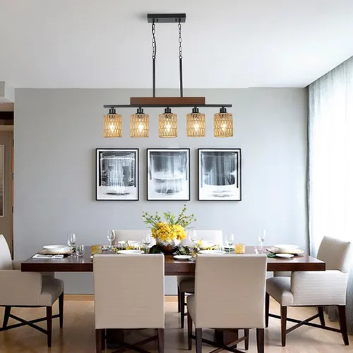 Vista 8 de Candelabros de ratán para comedor, iluminación de isla de cocina bohemia, lámpara lineal de 5 luces, lámpara colgante rectangular, candelabros