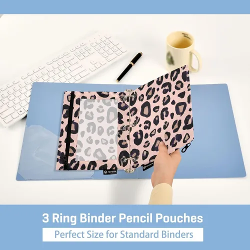 Vista 5 de Estuche para lápices con estampado de leopardo y guepardo rosa para carpeta de 3 anillos, 2 bolsas para lápices con cremallera, estuche transparente