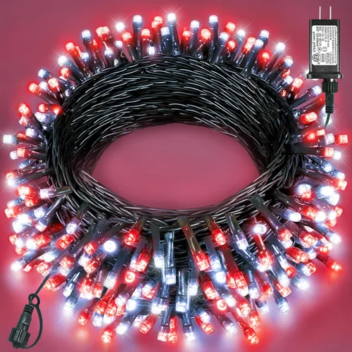 Vista 45 de Tira de luces LED de Navidad de 40 pies para exteriores, luces rojas y blancas de Navidad impermeables, 8 modos y temporizador, luces de árbol