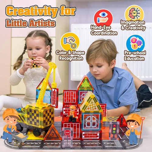 Vista 2 de Laminados magnéticos juguetes de construcción para niños - Set de carretera con grúa magnética para niños de 3-5 4-8 8-10 años, Set de expansión