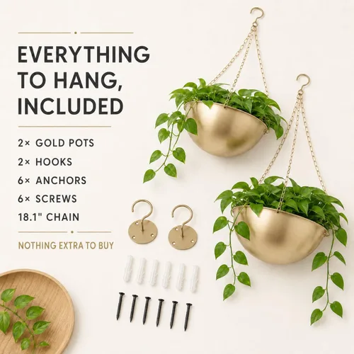 Vista 2 de AceList Paquete de 2 macetas colgantes doradas para plantas de interior, colgador de plantas de metal bohemio de 9.8 pulgadas para interiores