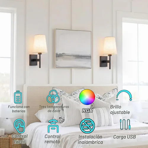 Vista 2 de YHCDLAMP Juego de dos apliques de pared que funcionan con pilas, luces de pared que funcionan con pilas con control remoto, lámpara de pared RGB