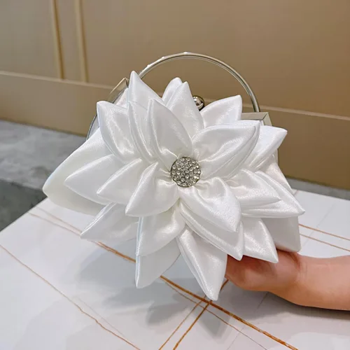 Vista 5 de Elegante bolso de noche floral para mujer, bolso de embrague nupcial de boda con diamantes de imitación, bolso de flores de satén para dama