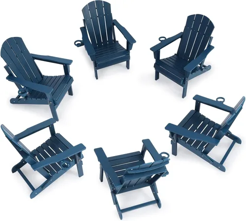 Vista 20 de Silla Adirondack plegable de HDPE, silla de patio al aire libre con soporte para tazas, silla de césped de grano de madera resistente a