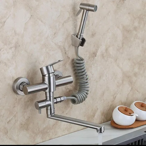 Vista 4 de Grifo de montaje en pared con pistola pulverizadora, fregadero de cocina, acero inoxidable cepillado, válvula de mezcla de agua caliente y fría