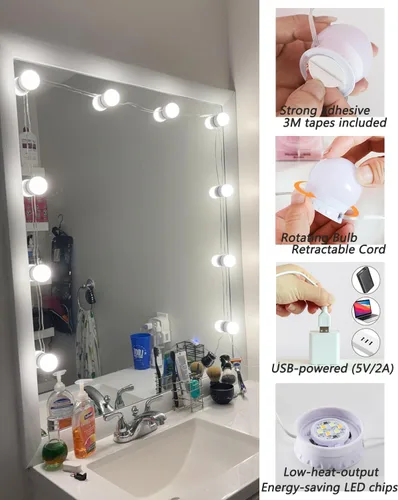 Vista 5 de Luces LED de tocador, temperatura de color ajustable y brillo, 14 bombillas regulables para iluminación de espejo de vestidor