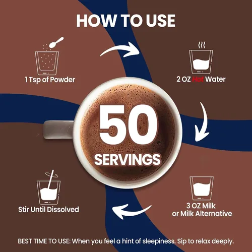 Vista 5 de Chocolate caliente de hongos para la calma, 50 porciones de cacao en polvo 10 suplementos de hongos con glicinato de magnesio, L-teanina