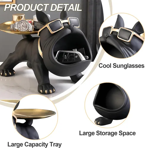 Vista 5 de Estatua de bandeja de bulldog francés de resina Huhote, plato de caramelos y llavero de bulldog, accesorios de bulldog francés, estatuas