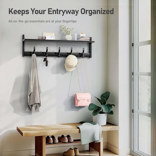 Vista 5 de Tatub Perchero rústico de 29 pulgadas con estante, ganchos de pared de entrada con estante, perchas para baño, sala de estar, dormitorio, negro