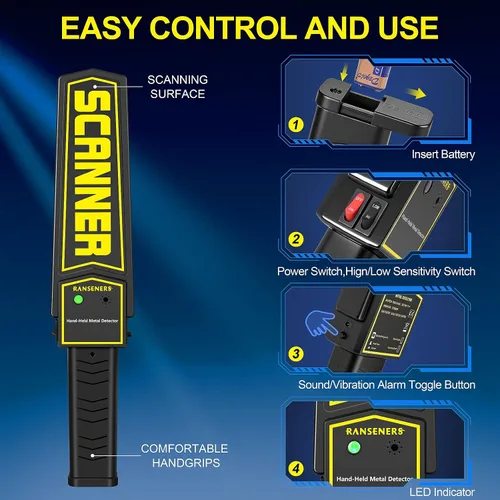 Vista 5 de RANSENERS Varita detector de metales portátil, varita de seguridad, alertas de sonido y vibración ajustables portátiles, detecta todos los productos