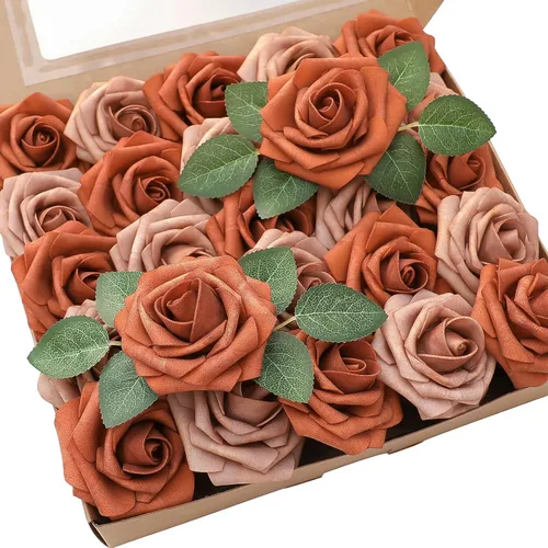 Vista 13 de Floroom Flores artificiales, 25 piezas de rosas falsas de espuma dorada antigua de aspecto real con tallos para ramos de boda DIY, centros de mesa