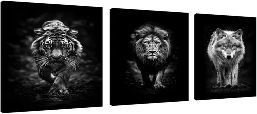 Vista 37 de 3 piezas modernas de lienzo de león de animales salvajes, pinturas de retratos de familia de leones, decoración de pared, obras de arte de sala