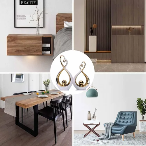 Vista 5 de DOVDOV Arte moderno para decoración del hogar, juego de 2 piezas de escultura abstracta de cerámica, decoración de habitación blanca y dorada