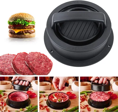 Vista 4 de Prensa de hamburguesas, máquina para hacer hamburguesas con 100 piezas de papel de hamburguesa, molde antiadherente 3 en 1 para hamburguesas