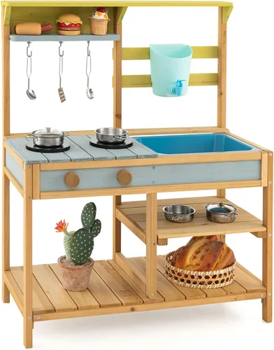 Vista 9 de Costzon Cocina de madera para niños, cocina de barro al aire libre con fregadero extraíble, caja de agua y grifo, parte superior de la estufa