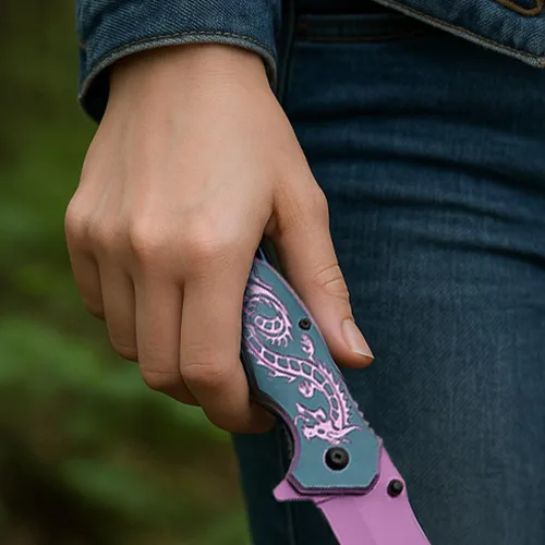 Vista 7 de SZCO 7.75" Cuchillo plegable de utilidad de rescate con apertura asistida Flying Dragon (Morado)