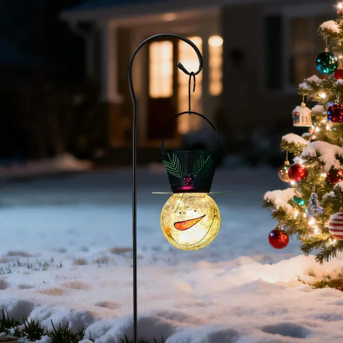 Vista 6 de Viveta Linterna solar de muñeco de nieve, faroles solares colgantes de Navidad, farol impermeable de cristal agrietado para exteriores con gancho