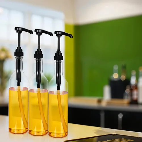 Vista 6 de Botellas de jarabe de 25 onzas con bomba, botellas de cuello largo, dispensador de bomba de jarabe de plástico para cafeterías, accesorios