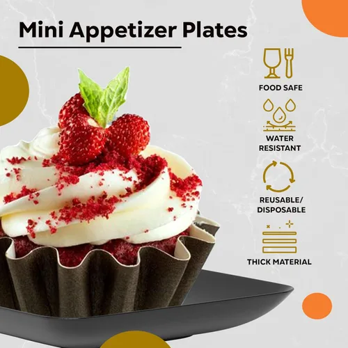 Vista 2 de Exquisite Mini platos de postre pequeños, paquete de 120 platos desechables negros de 2.4 x 2.4 pulgadas, pequeños de plástico sin BPA para bodas
