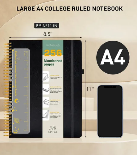 Vista 4 de Cuaderno de espiral A4 de 8.5 x 11 pulgadas, 256 páginas numeradas, de tapa dura, de cuero, para mujeres y hombres, cuadernos grandes rayados