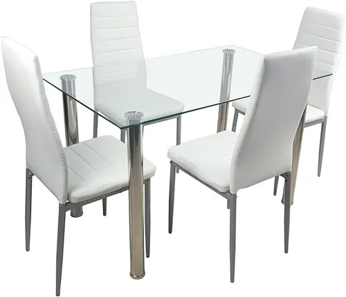 Vista 3 de Juego de 4 sillas de comedor, respaldo alto y marco de acero con tapizado de piel sintética, sillas auxiliares de comedor para cocina, comedor