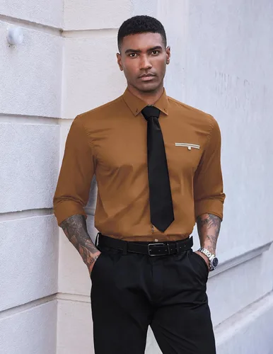 Vista 3 de COOFANDY Camisa de vestir para hombre, manga larga, casual, con botones, de cachemira, para fiesta, boda, vestido Marrón